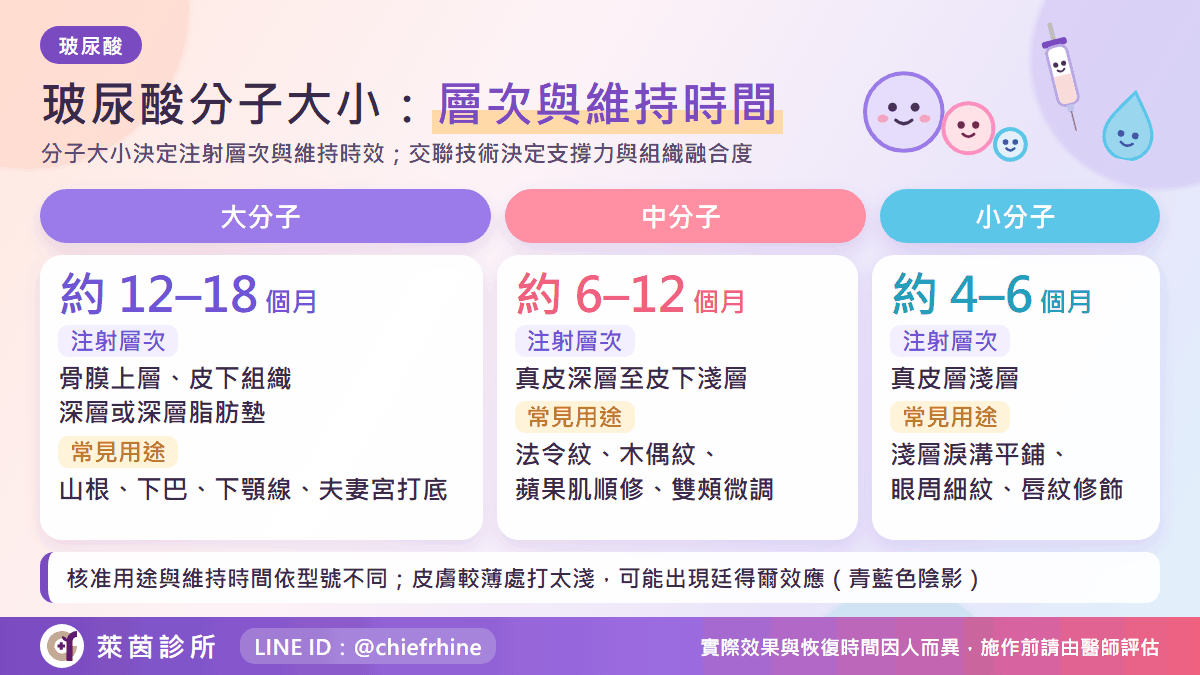 玻尿酸分子大小對應的注射層次與維持時間