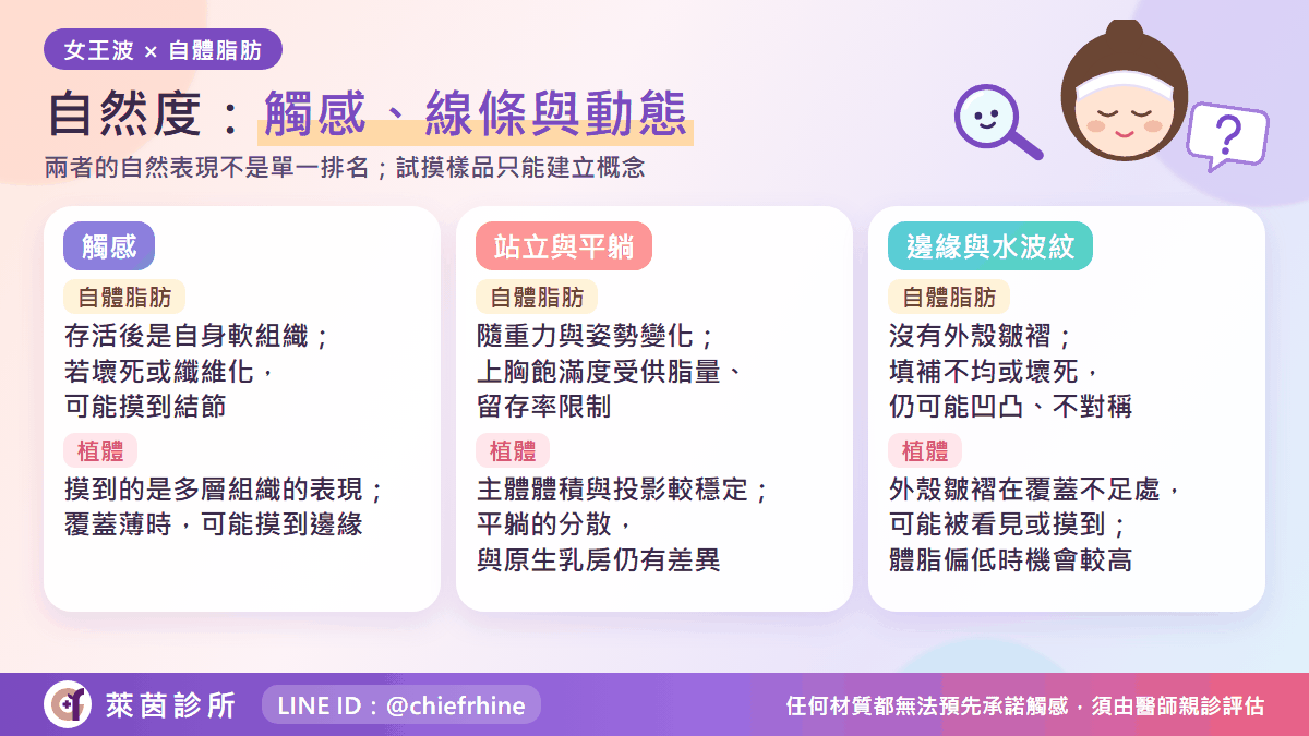 女王波與自體脂肪隆乳的自然度比較:觸感、線條與動態