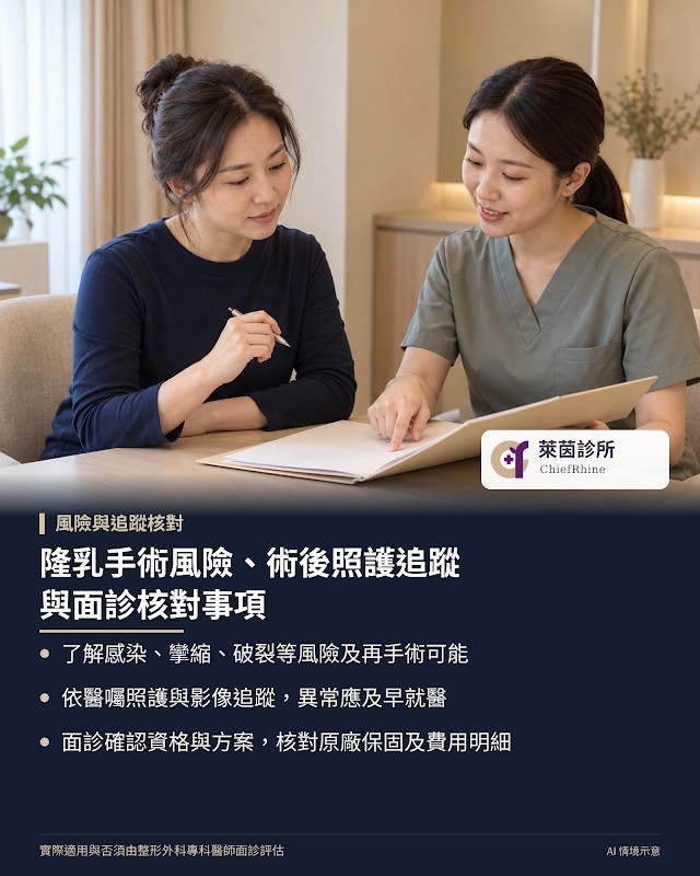 隆乳手術風險、術後照護追蹤與面診核對事項