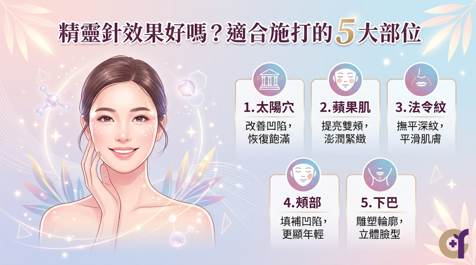 精靈針效果好嗎？適合施打的 5 大部位,精靈針主要用於調整臉部中重度凹陷、老化皺紋及軟組織流失。 這項療程結合「即時體積支撐」與「長效膠原作用機轉」機制，讓臉部線條呈現自然的澎潤狀態，減少僵硬不自然的視覺感。