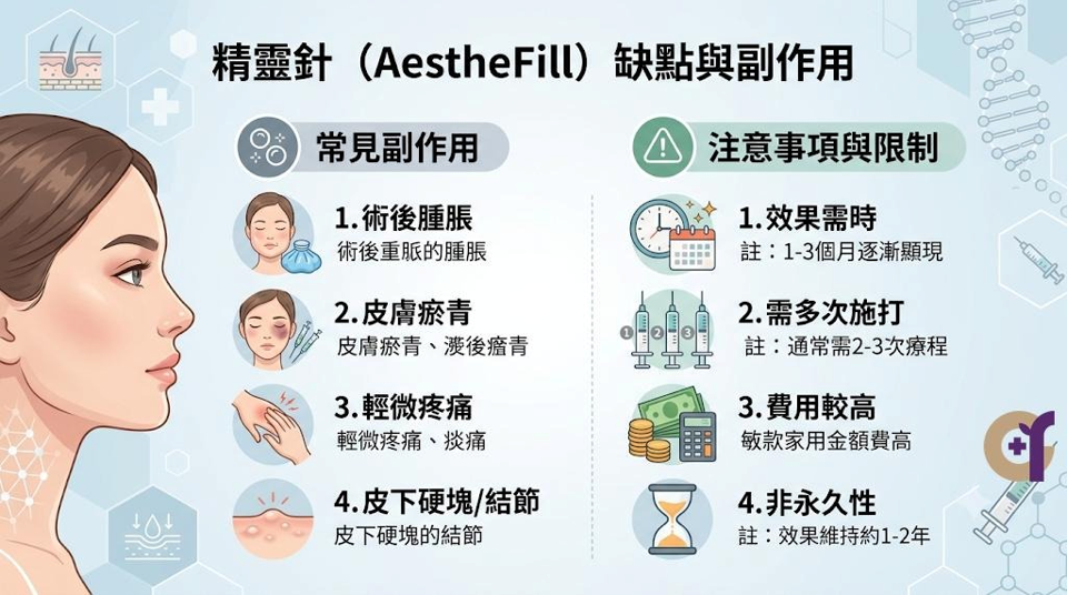 精靈針缺點與副作用有哪些？精靈針的修飾效果仰賴身體漸進長出膠原蛋白，沒辦法像傳統填充物那樣「打完馬上定型」。 玻尿酸注射後若想調整，可以使用降解酶來溶解，但精靈針並沒有對應的解藥。 萬一單次注射過量或施打位置不理想，後續要調整與處理的難度會比較高。
