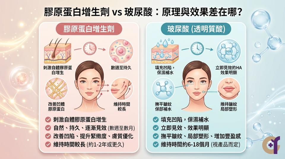 膠原蛋白增生劑 vs 玻尿酸：原理與效果差在哪？玻尿酸（學名：透明質酸鈉填補劑）主要透過物理性外源充填提供即時的結構支撐。 膠原蛋白增生劑則是藉由誘發自體組織反應，呈現漸進且自然的充盈成果。