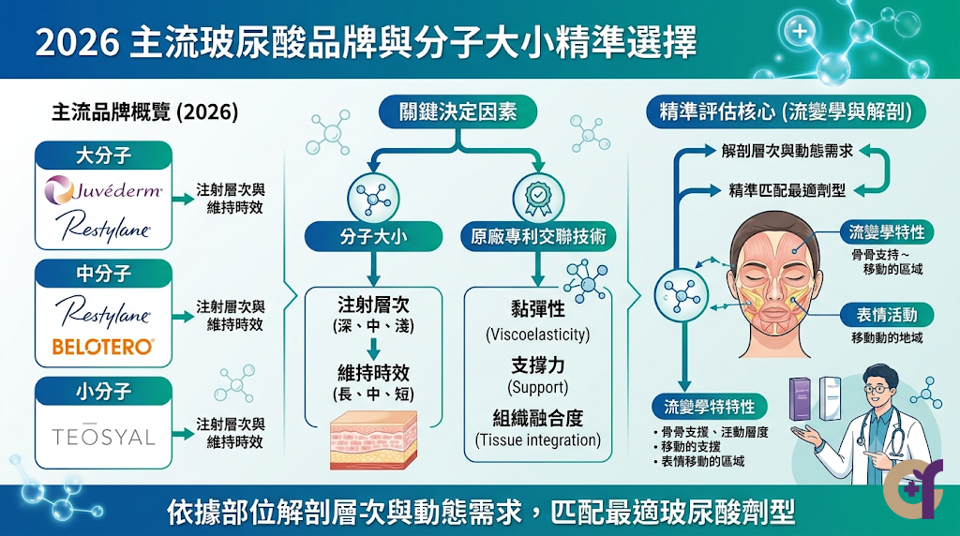 2026 主流「玻尿酸」品牌與分子大小怎麼看？臨床選擇玻尿酸時，「分子大小」決定了注射層次與維持時效，而原廠專利的「交聯技術」則決定其黏彈性、支撐力與組織融合度。 精準評估除基礎的大中小分子外，更需結合流變學特性，依據部位的解剖層次與動態需求匹配最適劑型。