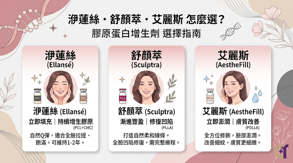 洢蓮絲、舒顏萃、艾麗斯怎麼選？洢蓮絲黏彈性較高，可提供注射當下的物理支撐，並伴隨後續膠原蛋白生長機制。 其核准適應症為鼻唇溝矯正；若涉及其他部位，屬仿單核准適應症外使用，須由專業醫師評估。 舒顏萃本身不具即時體積支撐作用，主要透過漸進式機制誘導膠原蛋白生長。 實際療程次數、部位與術後照護方式須依產品仿單及醫師評估。 艾麗斯具初期支撐與後續膠原蛋白生長機制，可由醫師依產品規範調整使用方式。 實際適用部位與術後照護須依仿單及醫師評估。