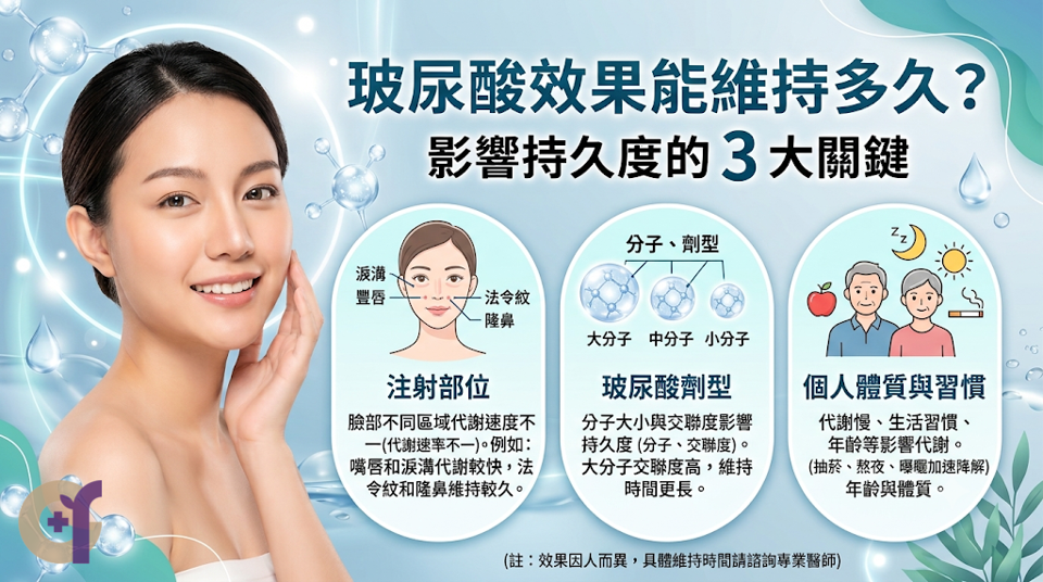 影響玻尿酸維持時間的 3 大關鍵 ,1. 劑型分子與交聯密度:大分子與高交聯劑型結構緊密,抗分解能力較強;小分子及低交聯劑型則較易被人體自然代謝。 2. 注射部位之肌肉活動度:嘴唇、鼻翼兩側等表情肌肉頻繁運動區,膠體受物理剪切力影響較大,代謝較快;山根、下巴等深層固定區則相對穩定。 3. 個人體質與生活作息:代謝率偏高、經常熬夜、抽菸、飲酒,或頻繁接觸高溫環境,皆可能加速膠體分解。