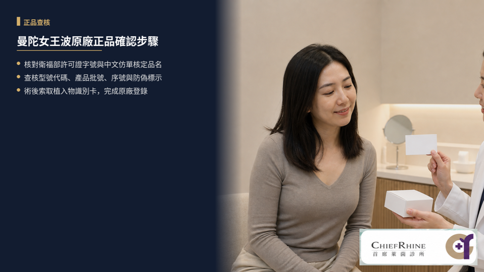 曼陀女王波原廠正品確認步驟,確認植入物來自合法授權代理管道,是為了確保運送過程符合規範、原廠醫療級無菌包裝完整無損。查核從術前就要開始,術後再索取植入物識別卡並完成原廠登錄。