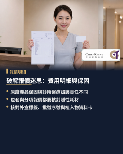 破解報價迷思：諮詢時應確認的費用明細與術後保固，看懂成本組成之後，下一步是知道在諮詢桌上該確認什麼。