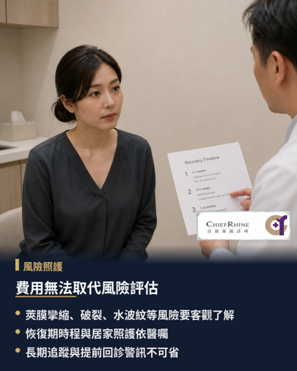 費用無法取代風險評估：副作用與恢復期照護，任何侵入性處置都有風險，這些風險不會因為費用高低而消失，也不會因為設備先進而歸零。