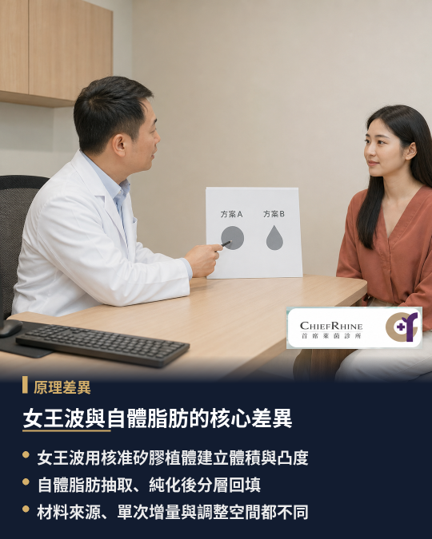 女王波與自體脂肪隆乳的基本原理與核心差異，女王波是矽膠乳房植入物隆乳，自體脂肪隆乳則把身體其他部位的脂肪抽出、處理後再移植到胸部。兩者都能增加胸部體積，但材料來源、單次可增加的幅度、塑形方式與日後調整方法不同，不能只用「哪一種比較自然」概括。