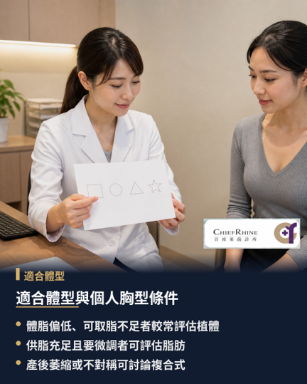 適合體型與個人胸型條件評估，「偏瘦就只能放植體」或「有脂肪就一定適合補脂」都過度簡化。醫師要看的不是單一 BMI，而是脂肪實際分布、胸部軟組織覆蓋、皮膚張力、胸廓與乳下緣位置，還要確認期待的體積是否落在組織可承受範圍內。