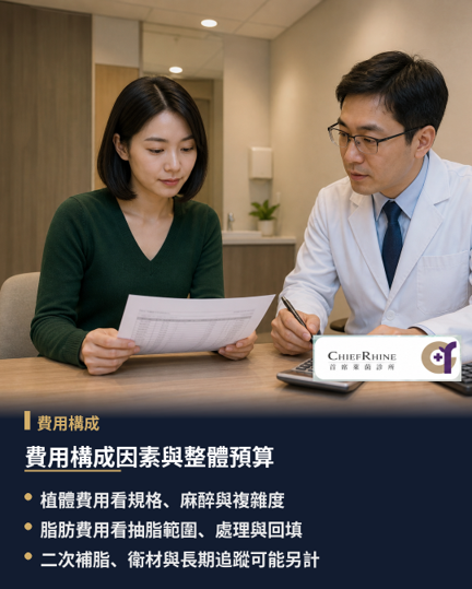 費用構成因素與整體預算考量，隆乳沒有能套用到所有人的固定價格。女王波的費用常受植體規格、手術難度、切口與放置層次影響；自體脂肪則與抽脂範圍、脂肪處理及回填區域有關。麻醉、手術室、術前檢查、衛材和術後追蹤也要列入，而不是只比較一個廣告數字。