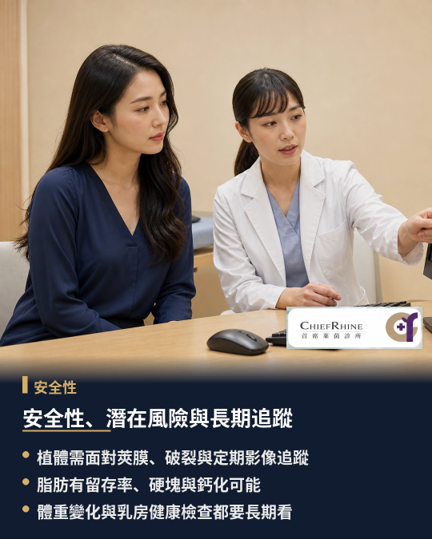 安全性、潛在風險與長期追蹤，女王波與自體脂肪都屬侵入性手術，共通風險包含感染、血腫、傷口癒合不良、疤痕、感覺改變與不對稱。植體另有莢膜攣縮、位移與破裂等器材相關議題；脂肪移植則有吸收不均、壞死、油囊腫、硬塊與鈣化等情況。