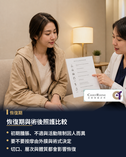 恢復期與術後照護比較,術後腫脹感、緊繃度與恢復時程,主要取決於手術技術、切口位置及植入層次,植體材質本身並非決定恢復速度的單一因素。個人體質、軟組織張力、傷口癒合速度及術後活動強度,皆會影響初期腫脹消退與組織適應的快慢。