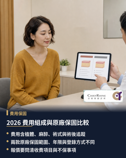 2026 費用組成與原廠保固比較,隆乳手術之整體費用並非單純植體材料費,而是由植體品牌型號、主刀醫師手術技術費、麻醉專科醫師全程作業費、手術室與高階內視鏡等醫療設備使用費,以及術後護理與回診追蹤等項目共同組成。