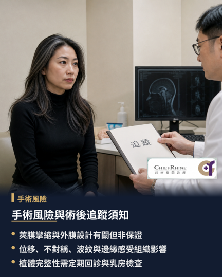 手術風險與術後追蹤須知,隆乳手術屬於侵入性外科處置,存在麻醉風險、術後局部出血、血腫、傷口感染、癒合不良及疤痕形成等風險。植體與空間相關併發症包含包膜攣縮、植體位移、左右兩側不對稱、邊緣水波紋顯露或胸廓組織拉扯不適等現象。
