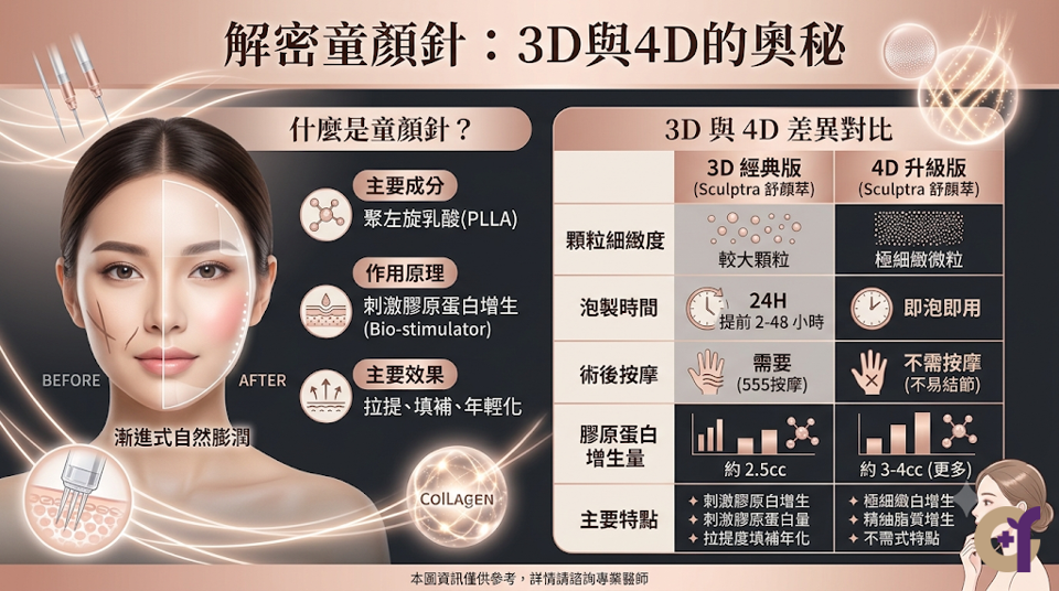 童顏針是什麼?3D 與 4D 差在哪?童顏針的注射劑主要成分是聚左旋乳酸,能與人體組織相容,並在體內自然代謝吸收。 這類材質屬於「自體膠原蛋白增生劑」,有別於單純填補空間的傳統物理性填充物。 注入皮下深層後,會刺激組織中的纖維母細胞,引導身體自行生成第一型膠原蛋白。