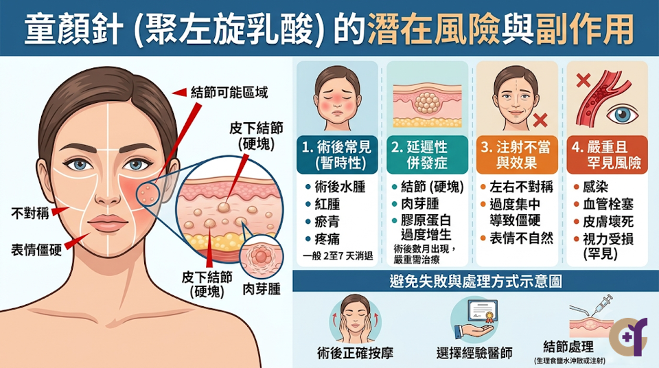 打童顏針會失敗嗎?術後幾天內出現短暫腫脹、瘀青,或是水分被體內吸收後暫時變回原本的樣子,這些都是正常的生理過程,並非治療失敗。 要是碰到一直沒有消退的結節硬塊、皮膚發白變色、組織壞死、局部劇痛、發炎感染或是血管栓塞,這類情況就屬於需要立刻回診讓醫師處理的嚴重併發症。